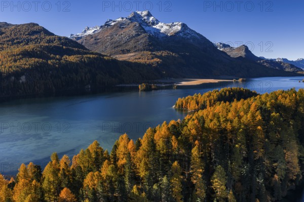 Mountain landscape, mountain lake, larch forest, autumn, autumn color, morning light, sunny, aerial