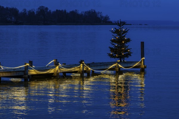 Illuminated Christmas tree at dawn, on an illuminated boat dock, Dießen am Lake Ammer, Upper