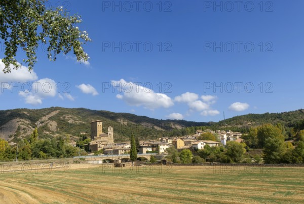 Landscape view from countryside of medieval village of Biel, Cinco Villas, Zaragoza province,