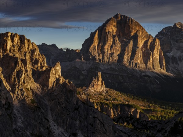 Mountain landscape, morning light, cloud atmosphere, autumn, aerial view, Giau Pass, view of Tofana