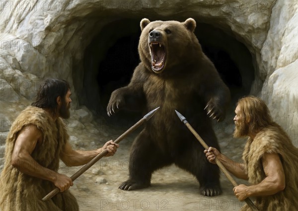 An ice age cave bear (Ursidae) is attacked with spears in front of its cave by prehistoric hunters,