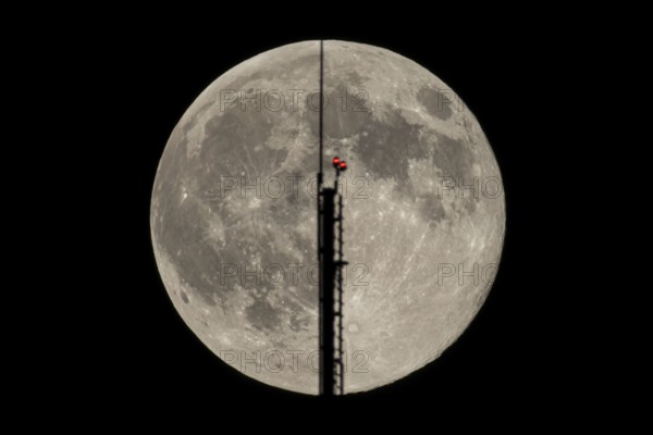 The full moon passes through the antenna on the roof of the European Central Bank (ECB), Frankfurt