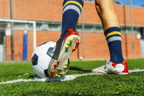 Female soccer player wearing a cleat and blue socks standing with a ball on a green artificial turf