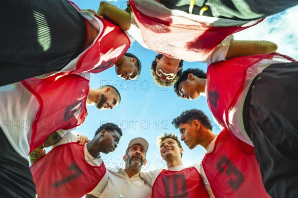 Diverse male soccer team and coach in a pregame huddle on a sunny day, sharing motivation and