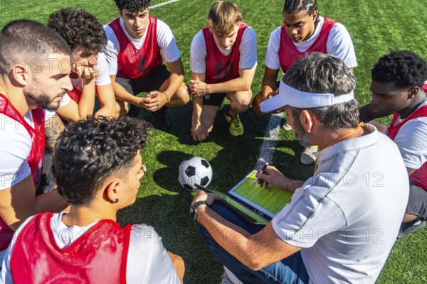 Soccer coach huddling with his youth team, drawing plays on a tactical board, and discussing