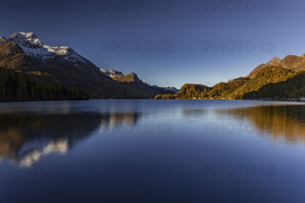 Mountain lake, reflection, mountains, larch forest, autumn discoloration, autumn, sunrise, Lake