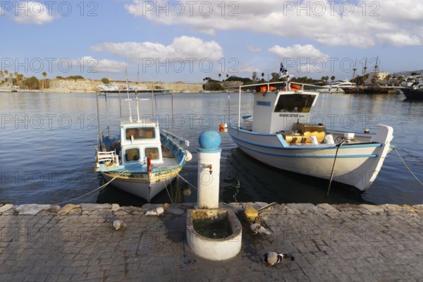 Fishing boat, fishing boats, picturesque, Neratzia fortress in the back, Mandraki harbor, seaport,