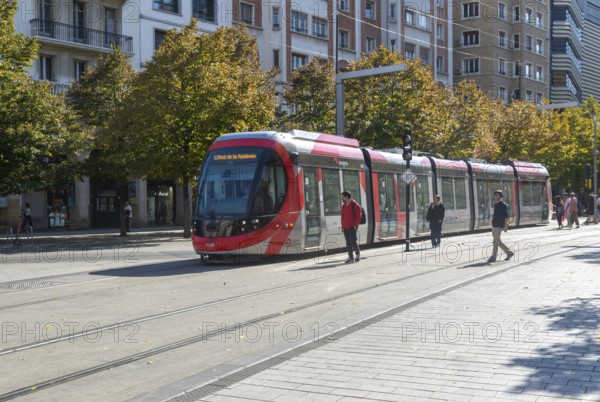 Light rail tram city public transport system CAF Urbos 3 trams, Tranvía de Zaragoza, Zaragoza,