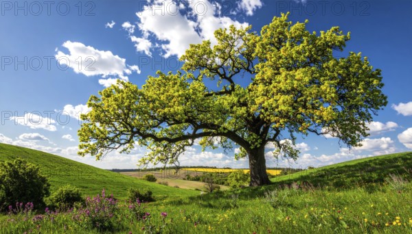 A serene landscape featuring a large tree by a stream at sunset with vibrant green grass and