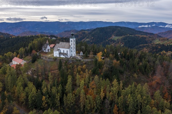 Aerial view, autumn, Church of the Holy Spirit on Osterberg, Cerkev Svetega Duha na Ostrem Vrhu,
