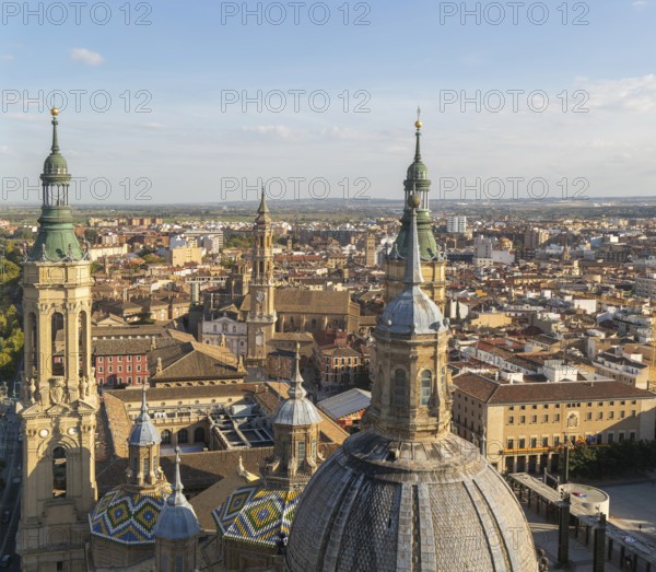Rooftops of cathedral church Basilica of Our Lady of the Pillar, city centre of Zaragoza, Aragon,