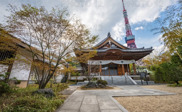 Building in Zojo-ji Temple, Tokyo Tower Tower Tower at the back, Buddhist temple complex, Tokyo,