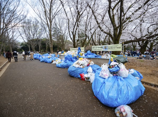 Large piles of trash at a garbage collection point, garbage bags, Yoyogi Park, Hanami Festival,