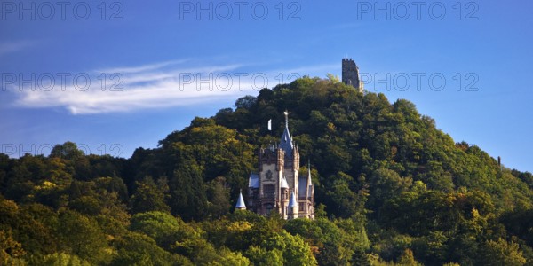 The mountain Drachenfels with Drachenburg Castle and the castle ruins, Siebengebirge, Königswinter,