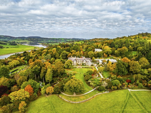 Autumn colours over Bodnant House and Garden from a drone, Conwy River, Colwyn Bay, Conwy, Wales,