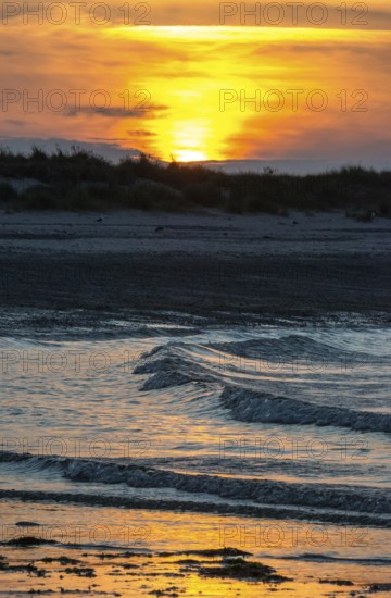 Sunset on a quiet beach with soft light on the waves, wet beach at low tide, dunes in the