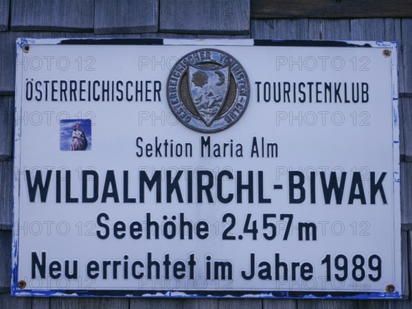 Wildalmkirchl bivouac sign, a bivouac hut or bivouac box in the Steinernes Meer, Berchtesgaden