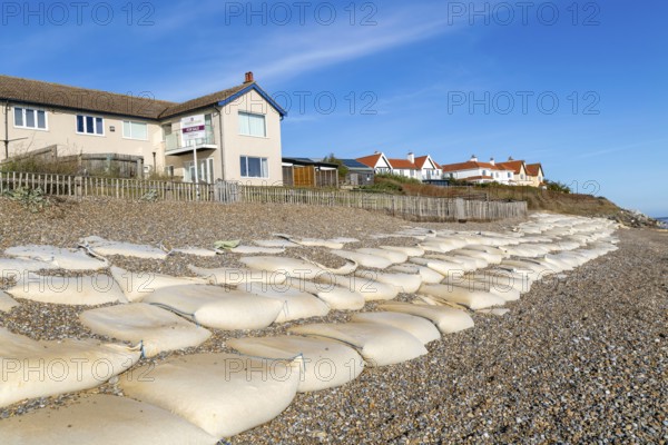 For Sale estate agent signs outside houses at risk of coastal erosion, Thorpeness, Suffolk, North
