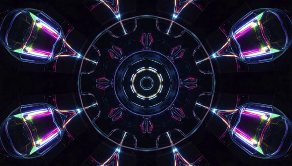 Abstract background of slightly unfocused multicolored glass lenses spinning and rotating,