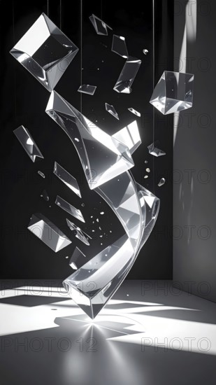 Abstract animation, glass cubes on black background, modern business wallpaper illustration, AI