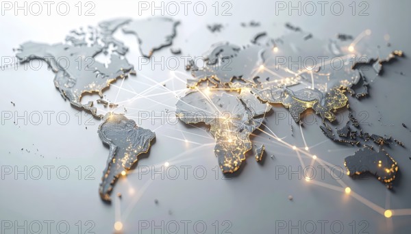 Abstract visualization of global rare earth supply network feeding EV industry, world map design,