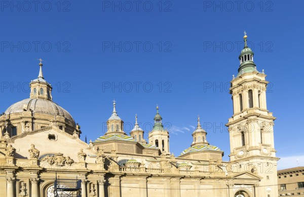 Towers and domes on roof of Basilica of Our Lady of the Pillar cathedral church, Zaragoza, Aragon,