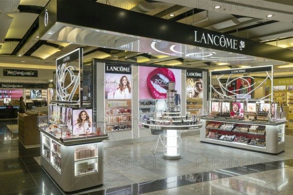 Lancome brands on display Duty Free shopping area in departures lounge area, Terminal 5, London