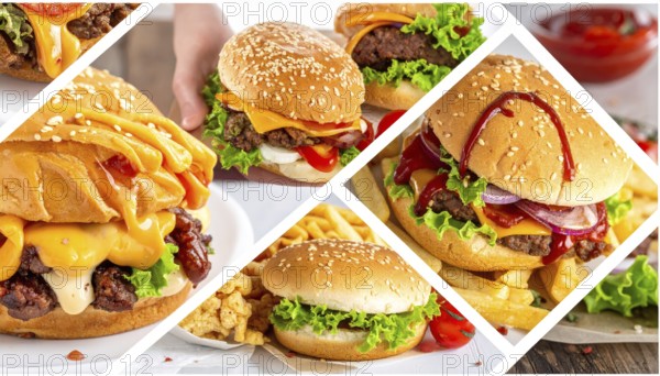 Collage of various fast food meals. beagles, hamburger, cheeseburger, french fries and a view green