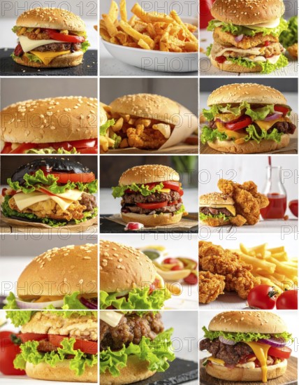 Collage of various fast food meals. beagles, hamburger, cheeseburger, french fries and a view green