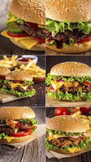 Collage of various fast food meals. beagles, hamburger, cheeseburger, french fries and a view green