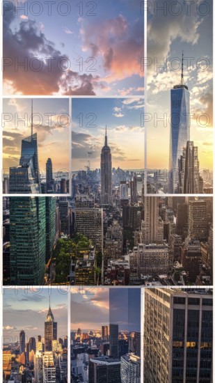 Collage of skyscrapers of a metropolitan city, various skylines with different blue sky in sunset,