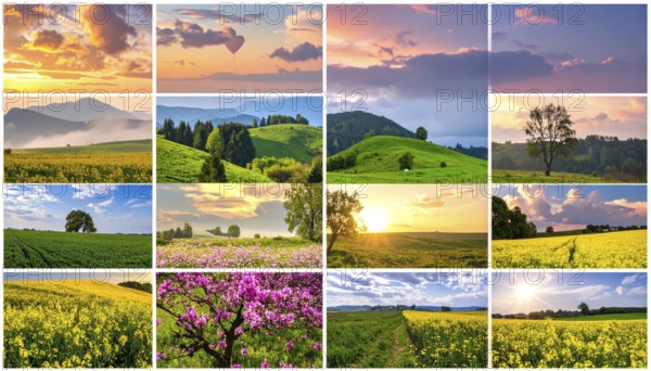 Collage of spring and summer landscapes, blooming flowers, green meadows and trees, hilly landscape