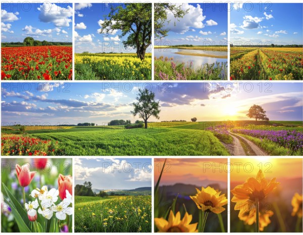 Collage of spring and summer landscapes, blooming flowers, green meadows and trees, hilly landscape