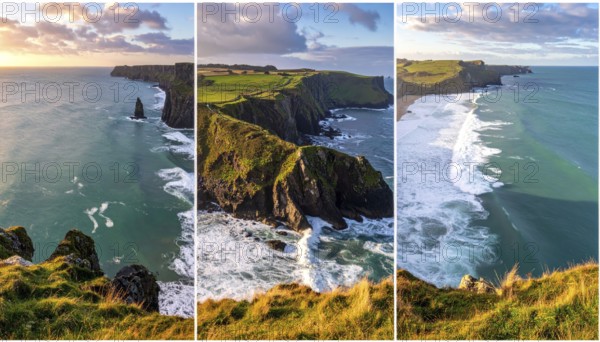 Collage of coastal landscapes with cliffs and shore break, spectacular nature, cloudy sky with