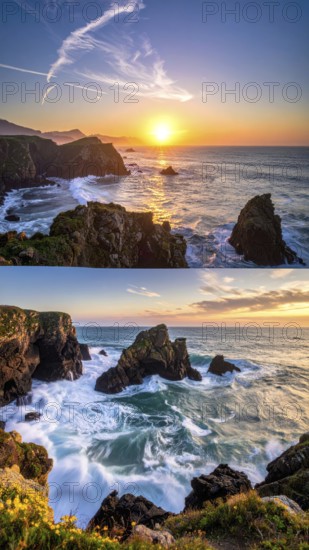 Collage of coastal landscapes with cliffs and shore break, spectacular nature, cloudy sky with