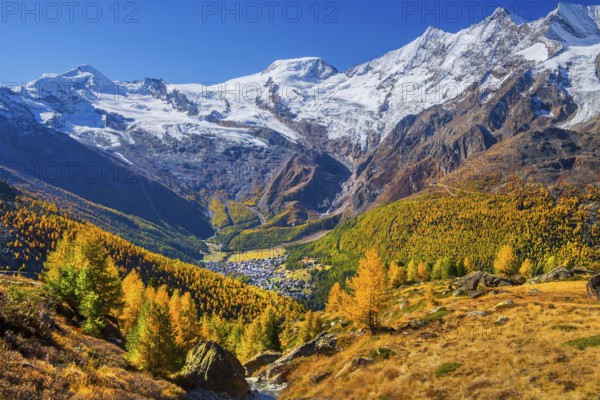 View from Kreuzboden to Saas-Fee with Alalin 4027m, Alphubel 4206m and Mischabel Group 4545m in