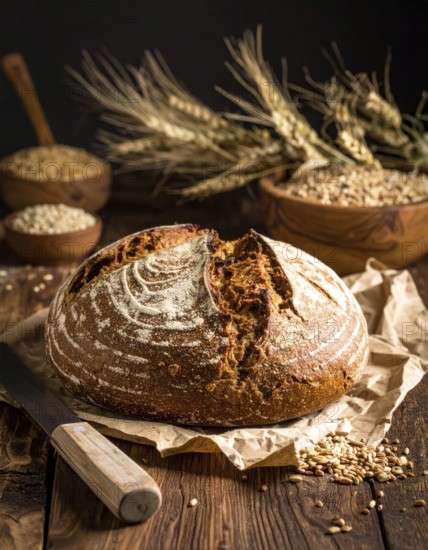 Rustic loaf of whole grain bread, fresh baked, close up of bread on dark wooden table, golden rust,