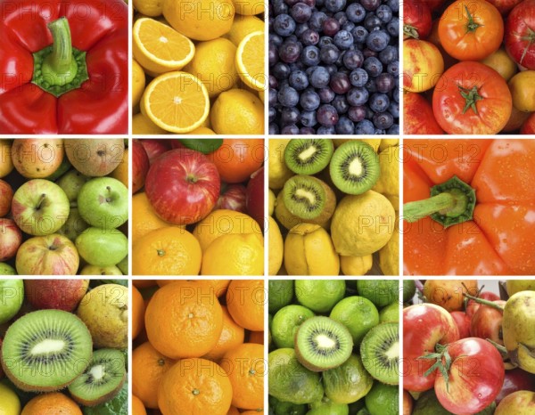 Food collage of various biological and organic fruits and vegetables, fresh healthy lifestyle, with