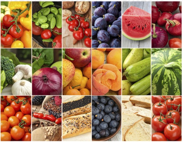 Food collage of various biological and organic fruits and vegetables, fresh healthy lifestyle, with