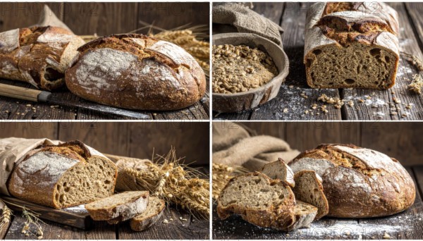 Collage of rustic loaf of whole grain bread, bread on dark rustic wooden table, great variety of