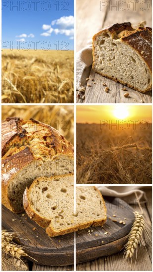 Collage of rustic loaf of whole grain bread, bread on dark rustic wooden table, great variety of