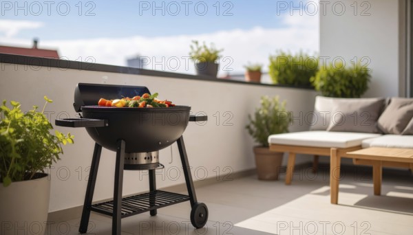 Cooking vegetables on grill on the balcony, healthy lifestyle, vegetarian barbeque, leisure time in