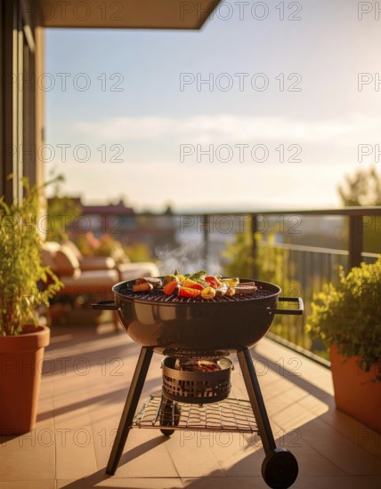 Cooking vegetables on grill on the balcony, healthy lifestyle, vegetarian barbeque, leisure time in
