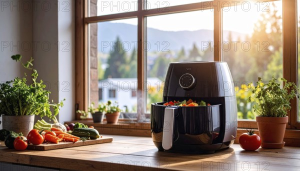 Air fryer with grilled vegetables, wooden table in the kitchen, healthy eating, healthy vegetarian