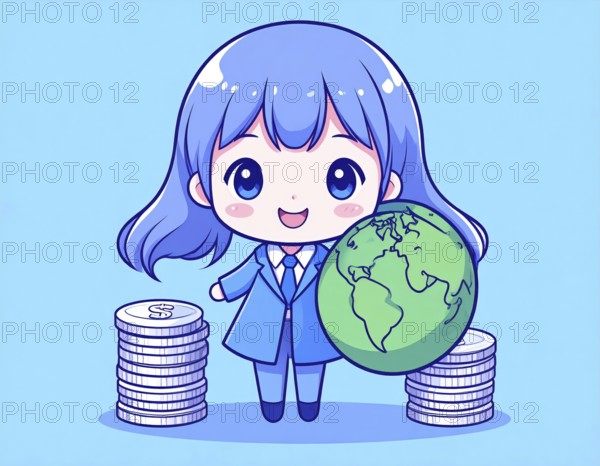 Green earth globe with silver coin stack symbolizing global finance economy and sustainable growth,