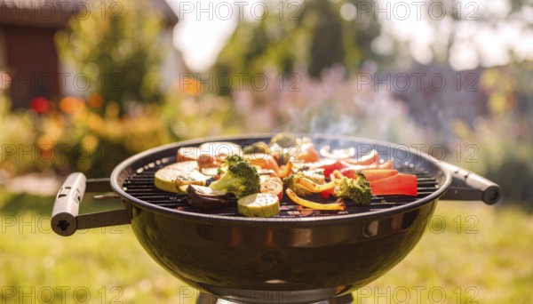 Cooking vegetables on grill outdoors, healthy lifestyle with healthy food, close up of grill with