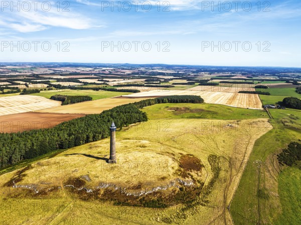 Waterloo Monument over Scottish fields and farms from a drone, Jedburgh, Scotland, UK