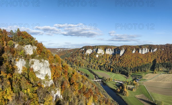 Aerial view, panorama of the Upper Danube Valley, surrounded by autumn vegetation with the