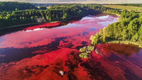 Red algae plant on the lake. abstract ecology nature concept, wild landscape with vibrant red