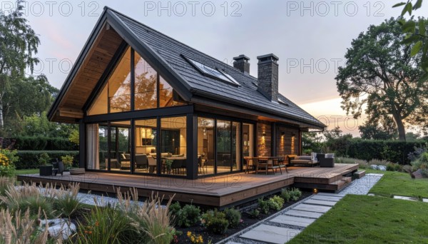 Modern Extension on a Traditional Cottage with Glass and Wood Architecture, green garden with